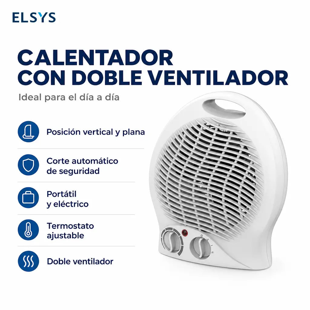 Calefactor eléctrico portátil con termostato ajustable, 2 niveles de calor, modo ventilador, diseño compacto y asa para casa u oficina