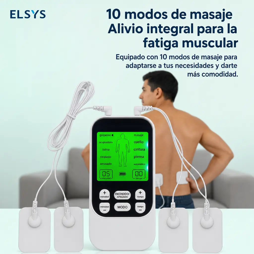 Masajeador muscular TENS/EMS recargable con 10 modos, 30 intensidades y 4 parches para aliviar tensión diaria en cuello, espalda y piernas