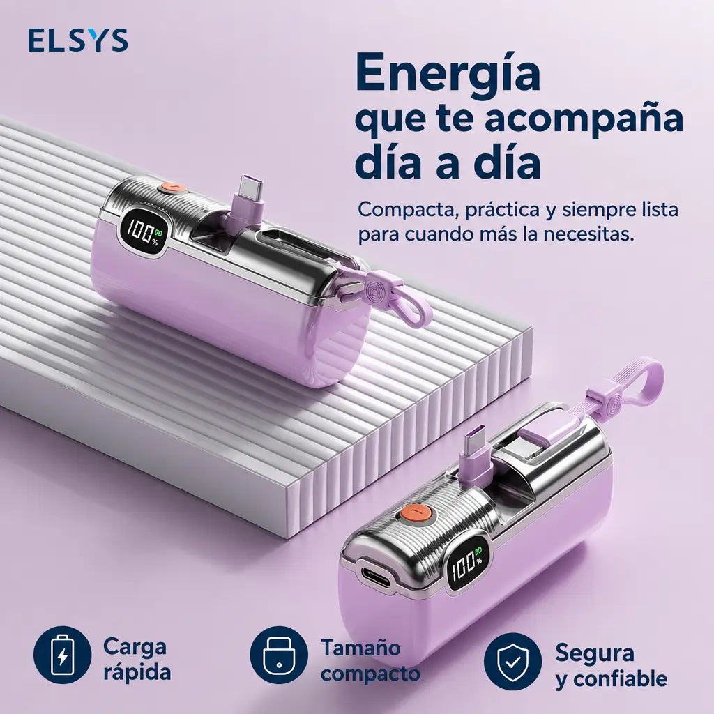 Power bank mini 5000mAh con carga rápida 22.5W, cable integrado y display digital para celular, viajes y emergencias sin cargar peso extra